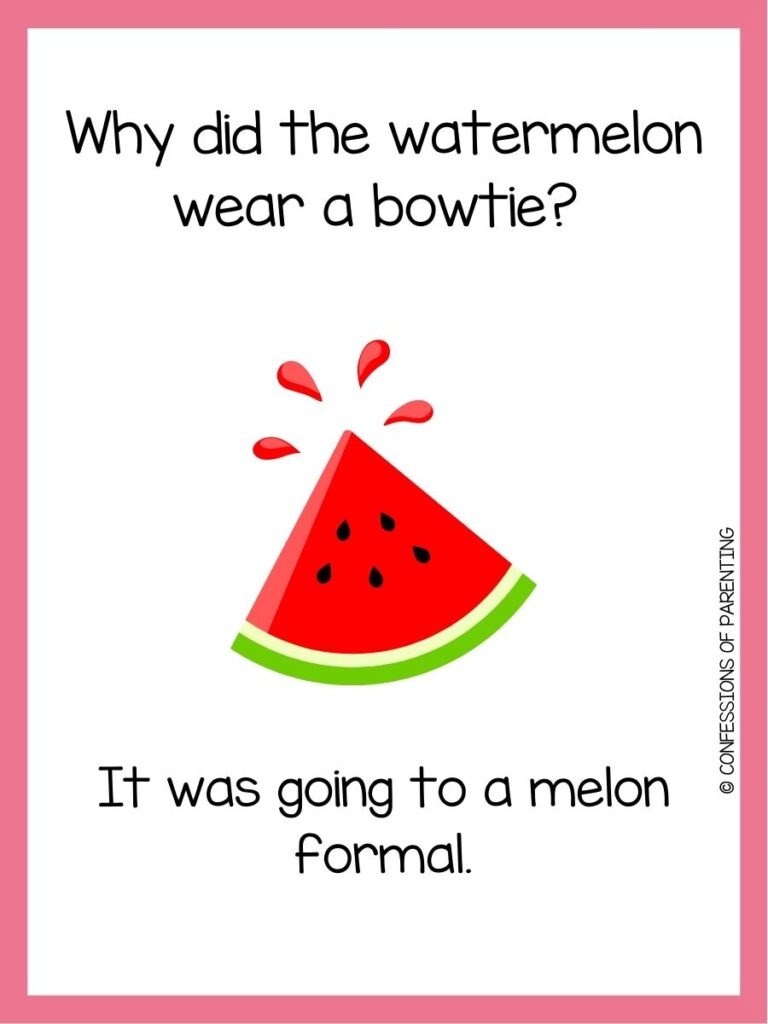 in post image with white background, pink border, text of watermelon pun and an image of a watermelon. 