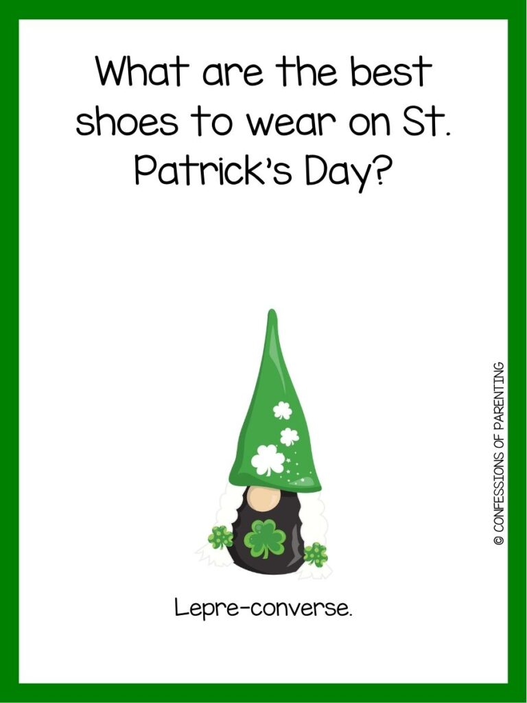 in post image with white background, green border, text of a St Patrick's Day Riddle and an image of a St Patrick's Day  gnome