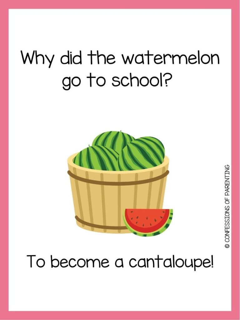 in post image with white background, pink border, text of watermelon pun and an image of a watermelon. 