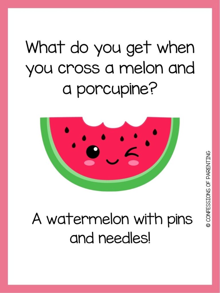 in post image with white background, pink border, text of watermelon pun and an image of a watermelon. 