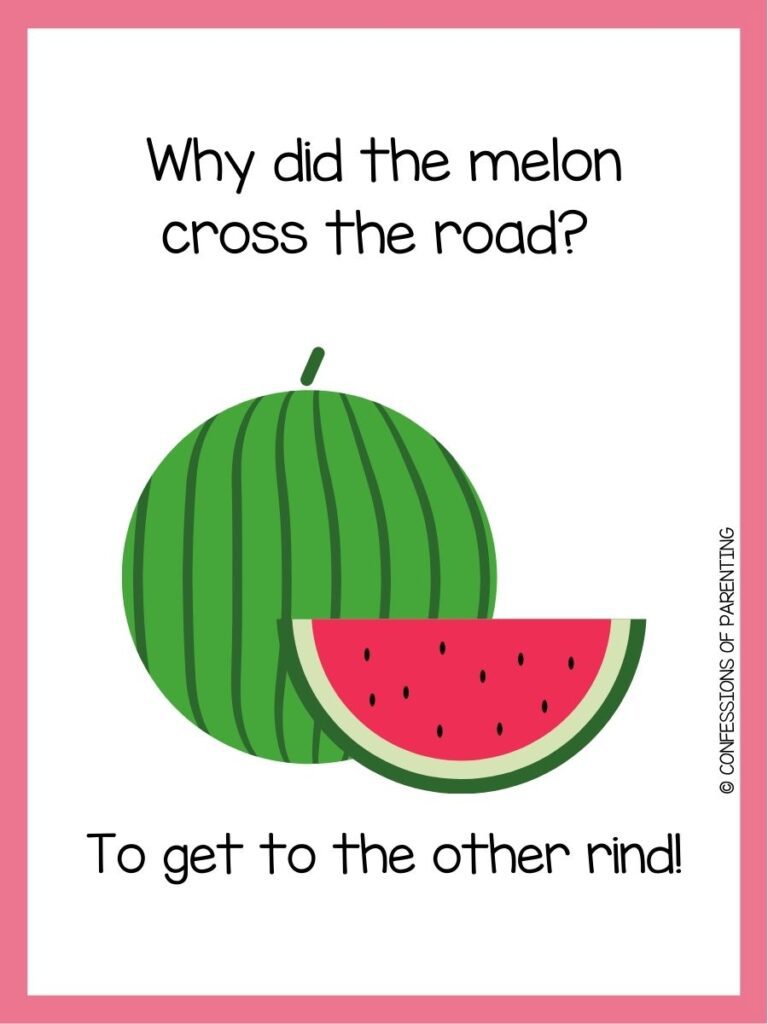 in post image with white background, pink border, text of watermelon pun and an image of a watermelon. 