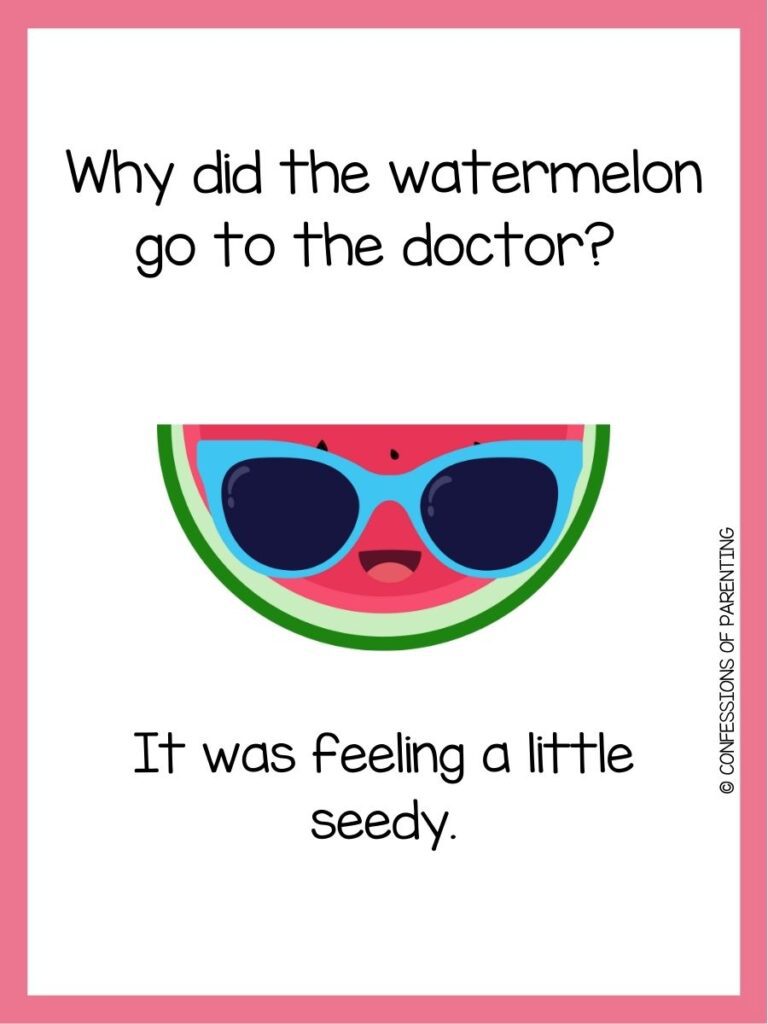 in post image with white background, pink border, text of watermelon pun and an image of a watermelon. 