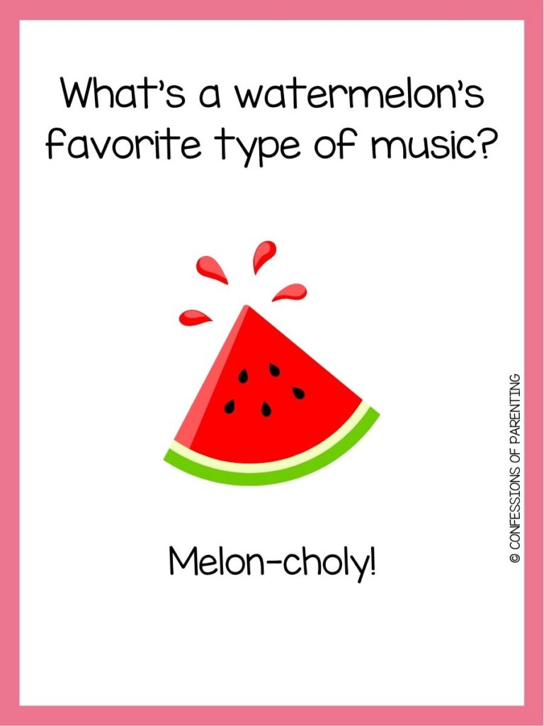 in post image with white background, pink border, text of watermelon pun and an image of a watermelon. 