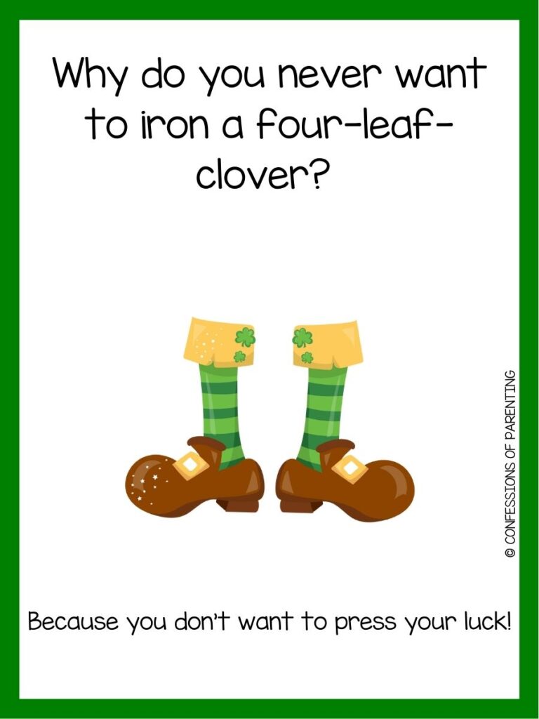 in post image with white background, green border, text of a St Patrick's Day Riddle and an image of leprechaun legs