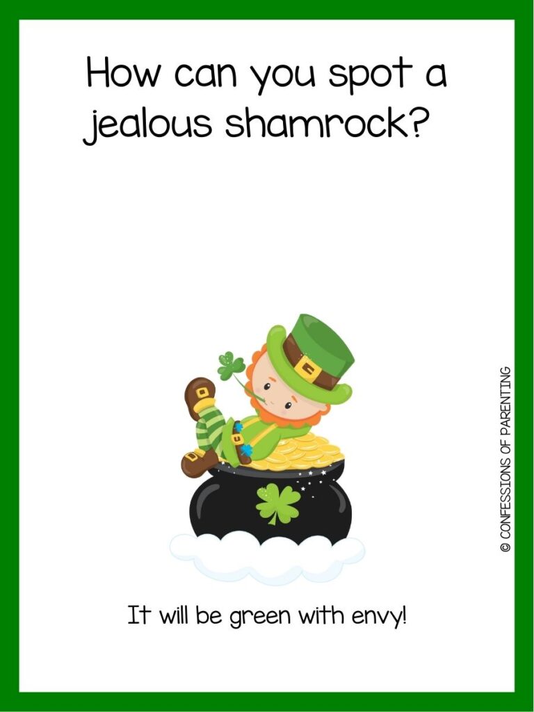 in post image with white background, green border, text of a St Patrick's Day Riddle and an image of a leprechaun