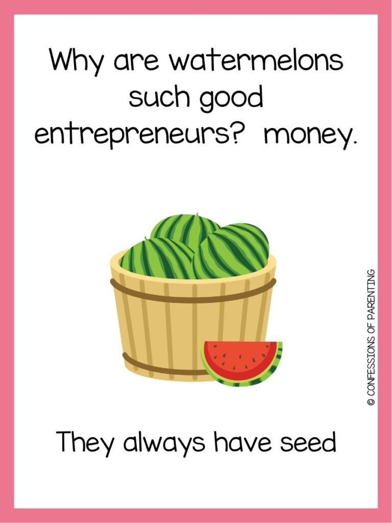 in post image with white background, pink border, text of watermelon pun and an image of a watermelon. 