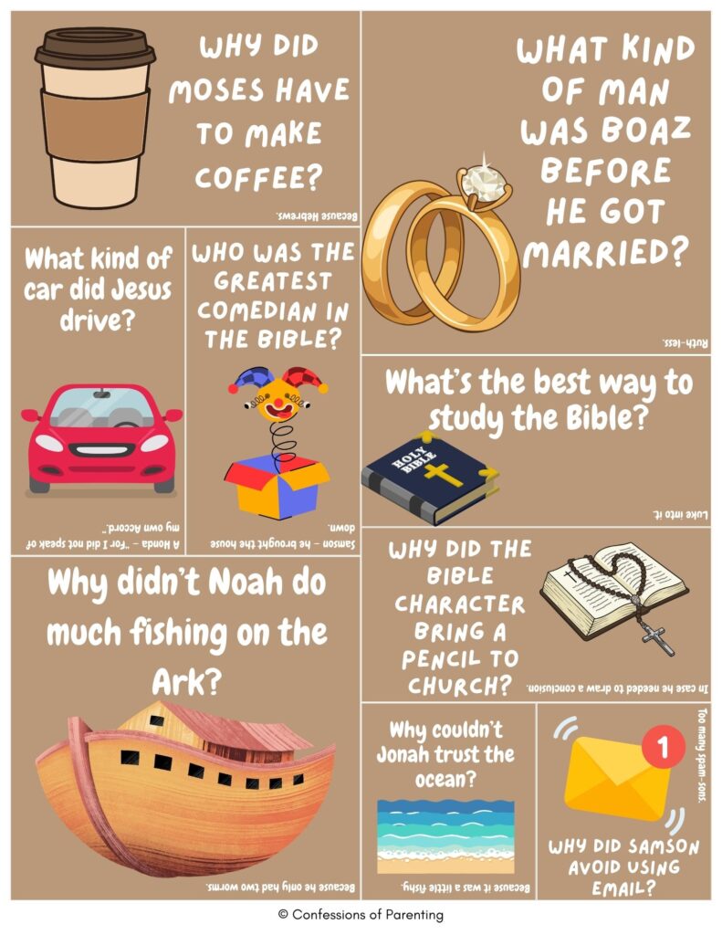 Bible jokes collage with cartoon ark, Bible, rings, and icons sharing funny Christian humor about Moses, Noah, Jonah, and Bible stories.
