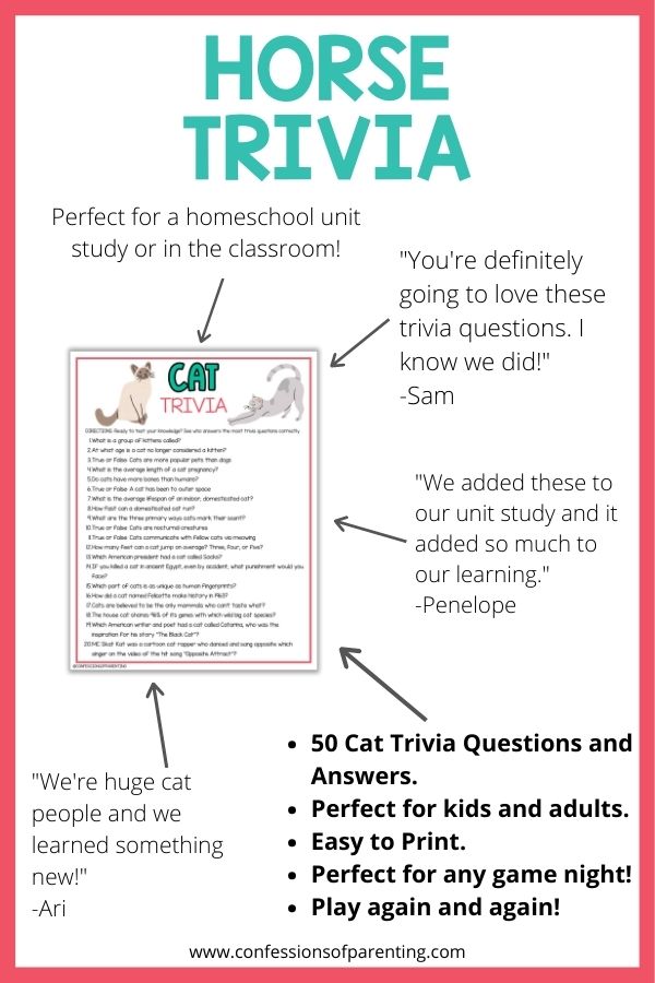 mockup image with white background, coral border, bold teal title that says "Cat Trivia", and an image of trivia printable surrounded by reviews