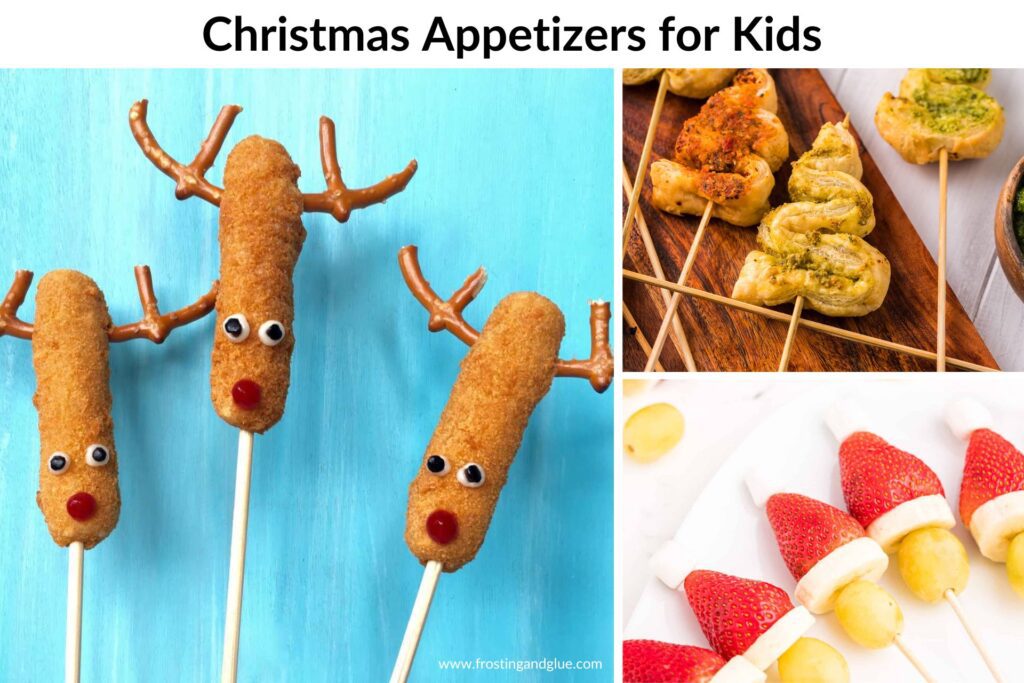 featured image with white background, black title that says "Christmas Appetizers for Kids" and images of Christmas Appetizers for Kids