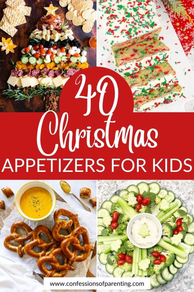 pin post image with red background, white title that says "40 Christmas Appetizers for Kids" and images of Christmas Appetizers for Kids