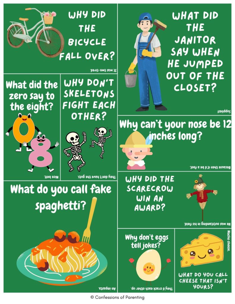 Corny jokes collage featuring silly kid-friendly riddles with cartoon bicycle, skeletons, spaghetti, scarecrow, egg, and cheese illustrations on a green background.