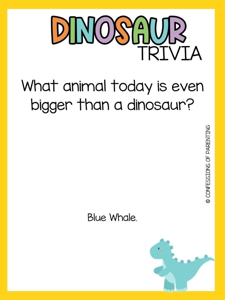in post image with yellow border, bold title that says "Dinosaur Trivia", text of trivia question, and an image of a dinosaur