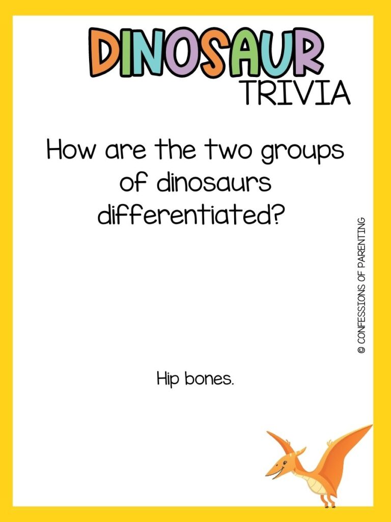 in post image with yellow border, bold title that says "Dinosaur Trivia", text of trivia question, and an image of a dinosaur