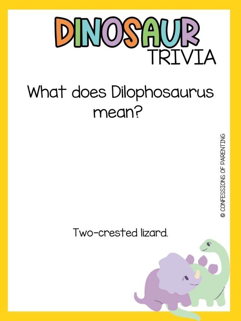 in post image with yellow border, bold title that says "Dinosaur Trivia", text of trivia question, and an image of a dinosaur