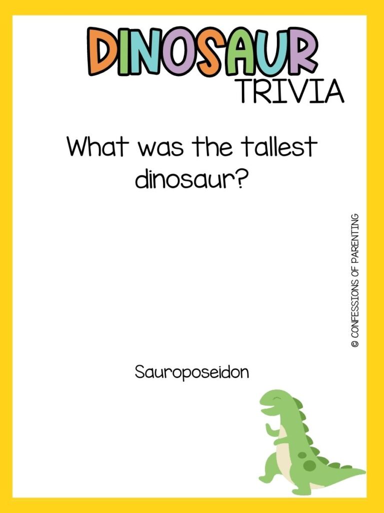 in post image with yellow border, bold title that says "Dinosaur Trivia", text of trivia question, and an image of a dinosaur