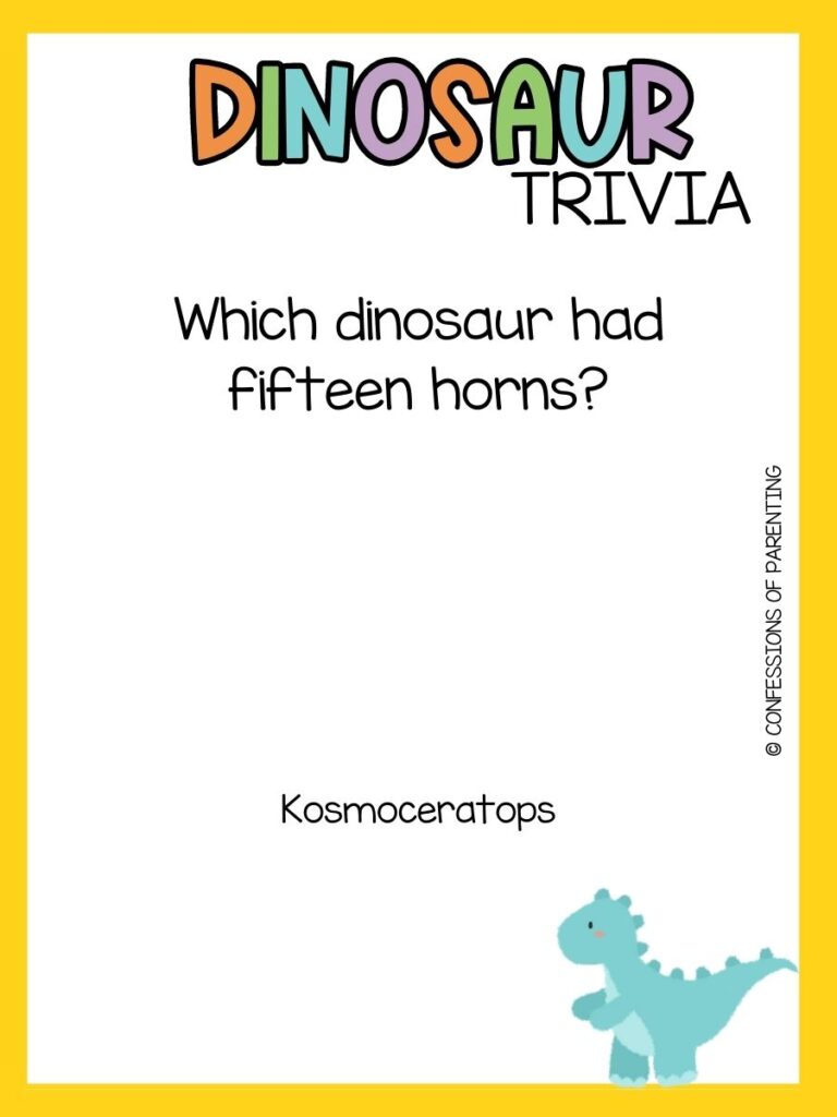 in post image with yellow border, bold title that says "Dinosaur Trivia", text of trivia question, and an image of a dinosaur