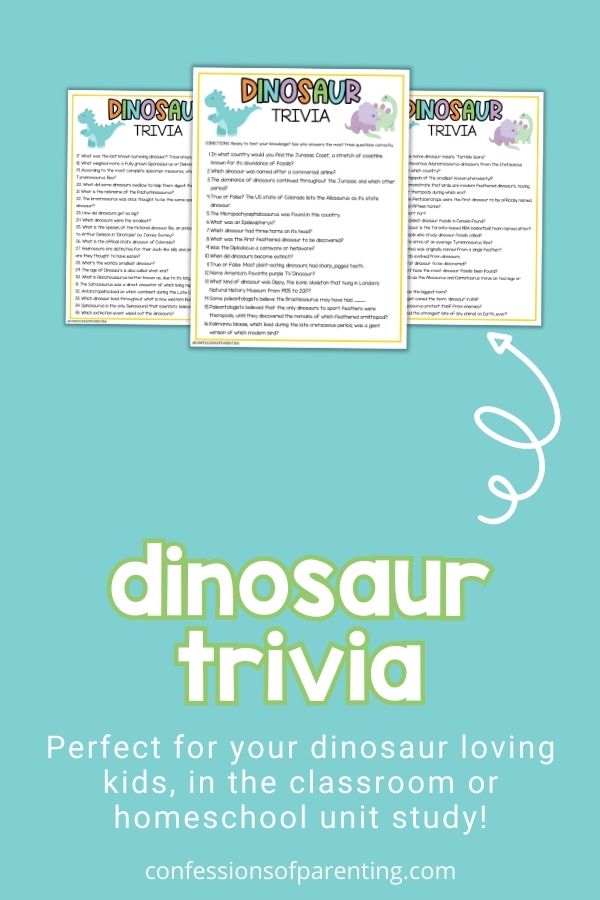 in post mockup image with teal background, bold white and green title that says "Dinosaur Trivia", and images of trivia sheet 