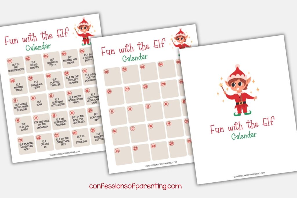 in post image with grey background, and images of elf on the shelf calendar