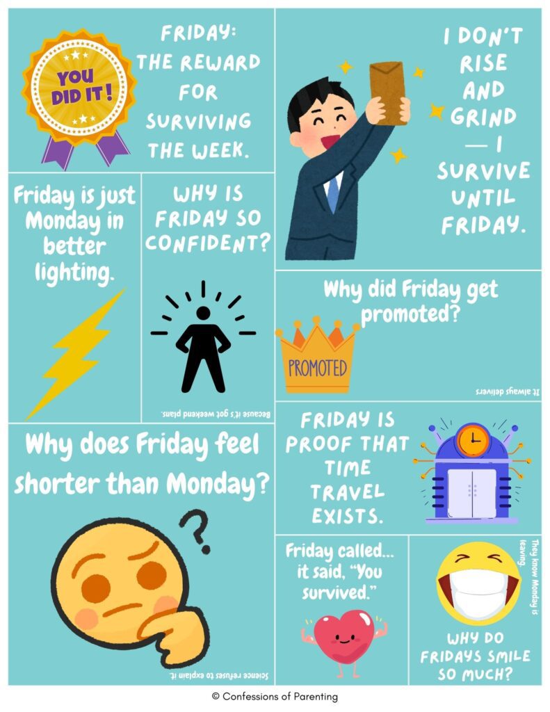 Friday jokes collage with cartoon worker, emoji, and icons sharing funny Friday humor about surviving the week and celebrating the weekend.