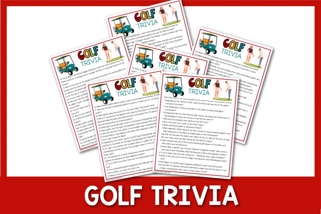 featured image with white background, red border, bold white title that says "Golf Trivia" with images of golf printable