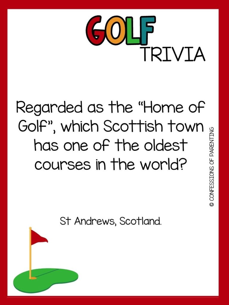 in post image with white background, red border, bold title that says "Golf Trivia", text of golf trivia, and a golf image