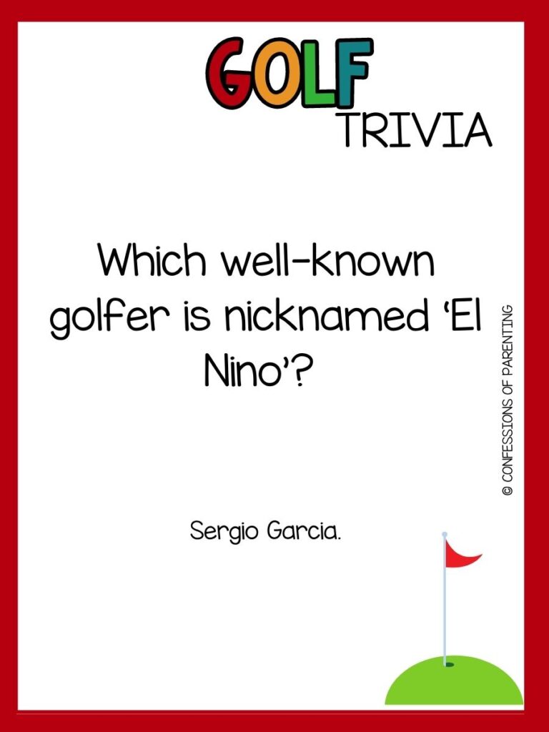 in post image with white background, red border, bold title that says "Golf Trivia", text of golf trivia, and a golf image