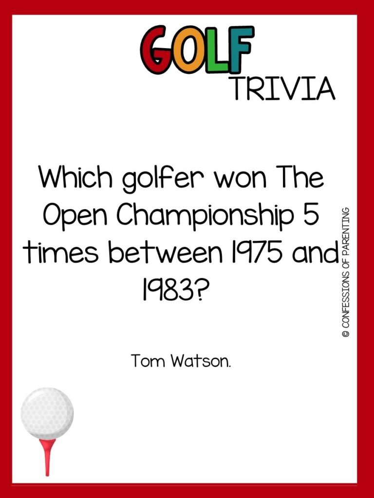 in post image with white background, red border, bold title that says "Golf Trivia", text of golf trivia, and a golf image