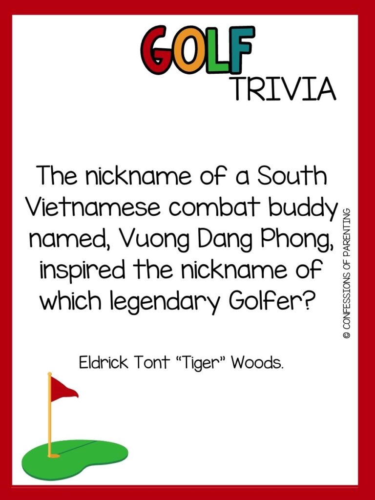 in post image with white background, red border, bold title that says "Golf Trivia", text of golf trivia, and a golf image