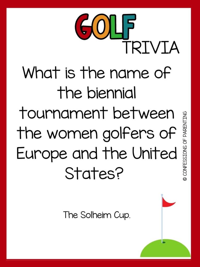 in post image with white background, red border, bold title that says "Golf Trivia", text of golf trivia, and a golf image