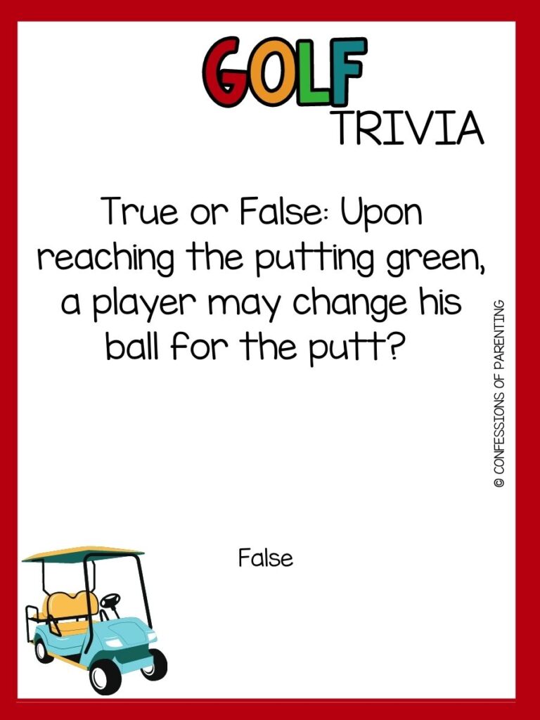 in post image with white background, red border, bold title that says "Golf Trivia", text of golf trivia, and a golf image