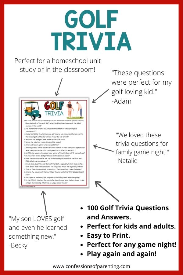 mockup image with white background, red border, bold teal title that says "Golf Trivia", and image of golf trivia printable surrounded by reviews