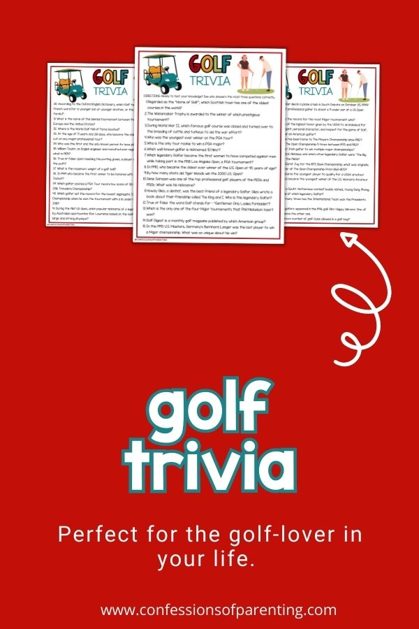 mockup image with red background,  bold white and teal title that says "Golf Trivia", and images of golf trivia printable