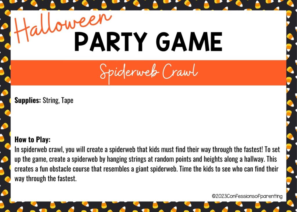 halloween themed border on white background with instructions for the Spiderweb Crawl game