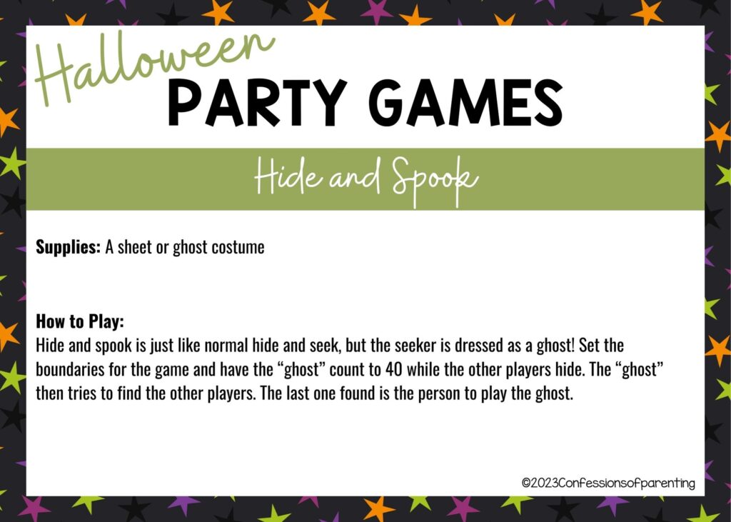 halloween themed border on white background with instructions for the Hide and Spook game