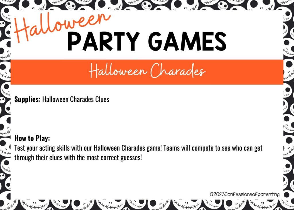 halloween themed border on white background with instructions for the Halloween Charades game