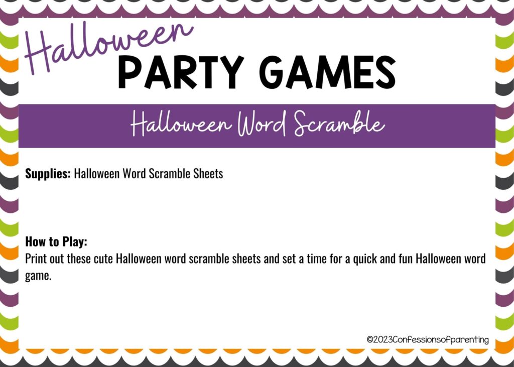 halloween themed border on white background with instructions for the Halloween Word Scramble game