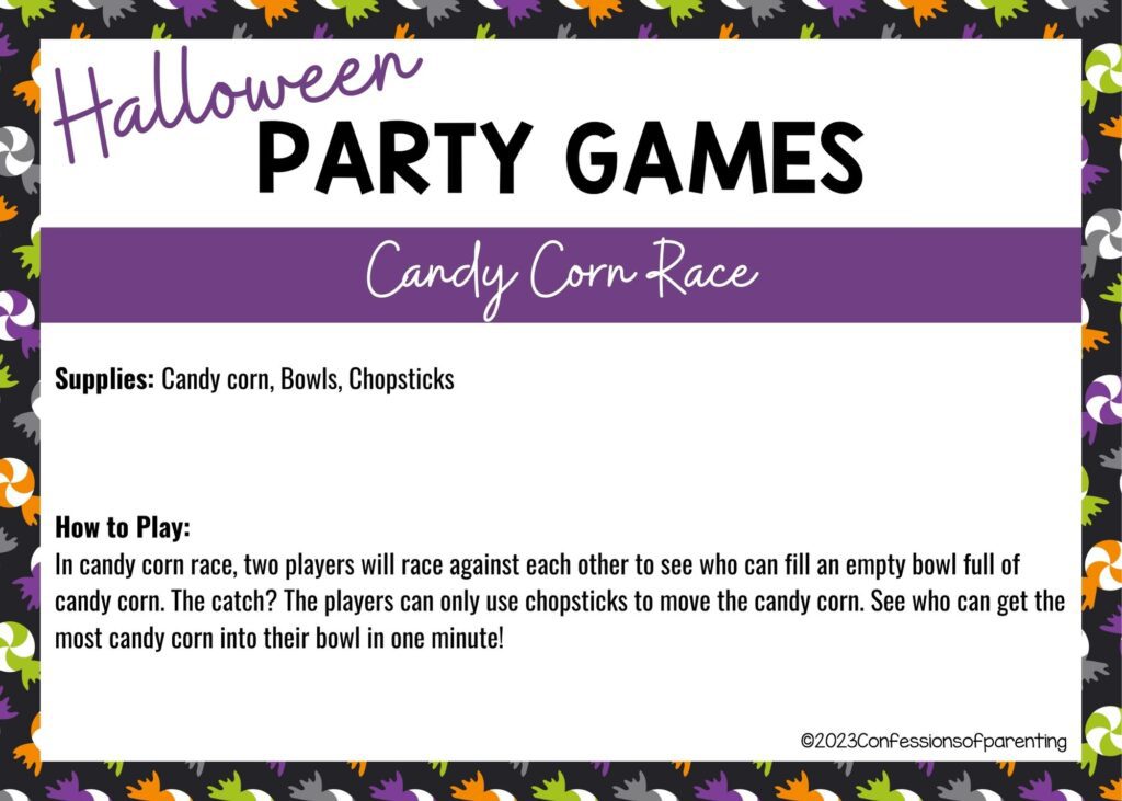 halloween themed border on white background with instructions for the Candy Corn Race game