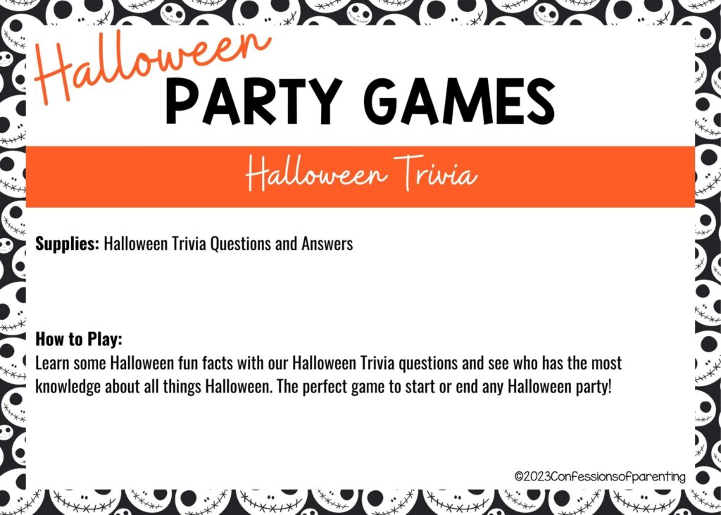 halloween themed border on white background with instructions for the Halloween Trivia game