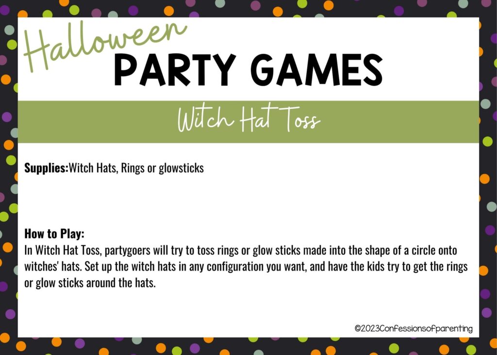 halloween themed border on white background with instructions for the Witch Hat Toss game