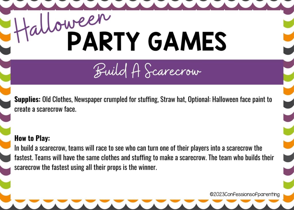 halloween themed border on white background with instructions for the Build a Scarecrow game