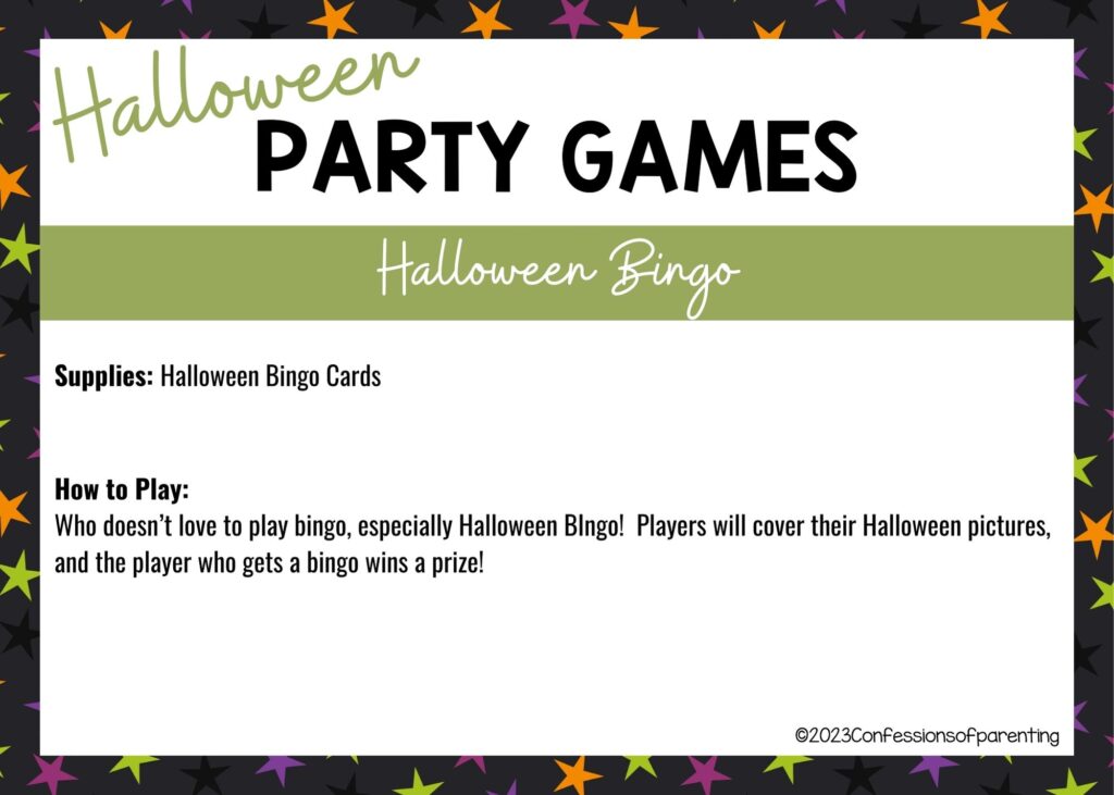 halloween themed border on white background with instructions for the Halloween Bingo game