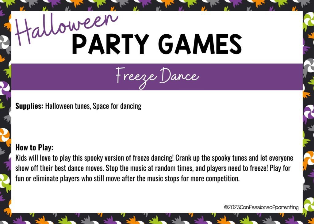 halloween themed border on white background with instructions for the Freeze Dance game