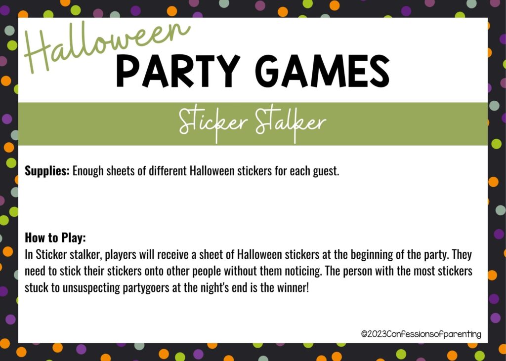 halloween themed border on white background with instructions for the Sticker Stalker game