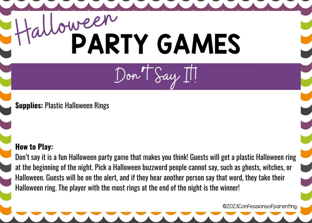 halloween themed border on white background with instructions for the Don't Say It! game