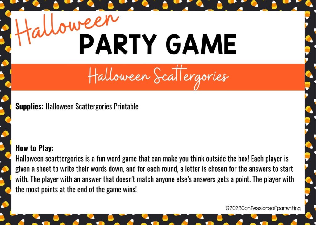 halloween themed border on white background with instructions for the Halloween Scattergories Game