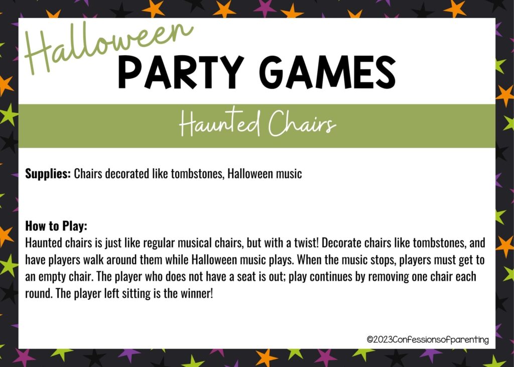 halloween themed border on white background with instructions for the Haunted Chairs game