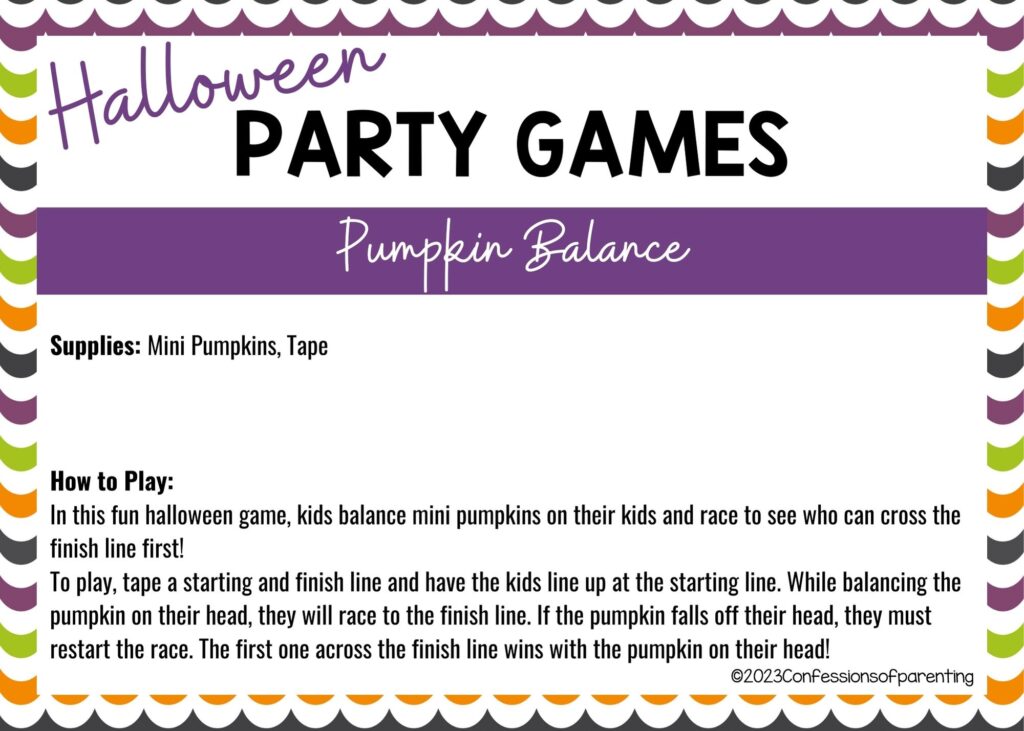 halloween themed border on white background with instructions for the Pumpkin Balance game