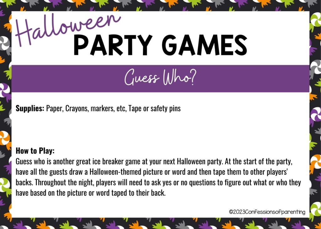 halloween themed border on white background with instructions for the Guess Who? Game