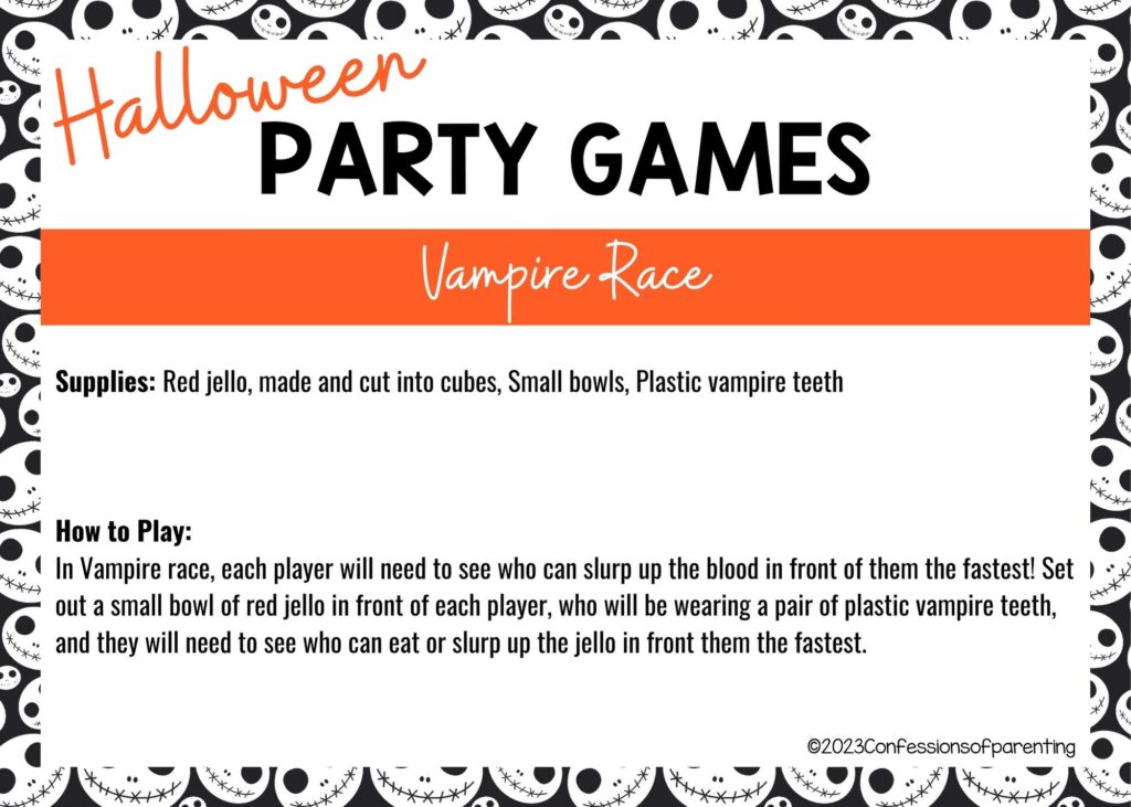 halloween themed border on white background with instructions for the Vampire Race game