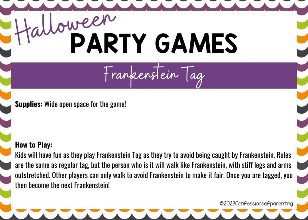 halloween themed border on white background with instructions for the Frankenstein Tag game